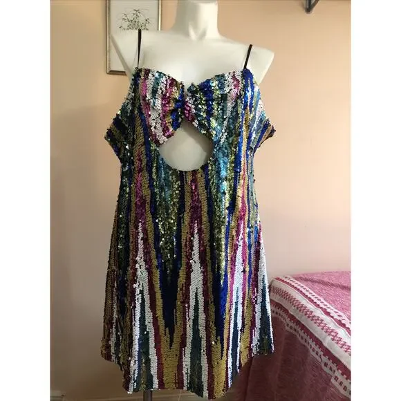 NWT Nasty Gal Size 18 Sequin Strappy Bodycon Mini Dress Peekaboo Multicolor - Picture 1 of 10